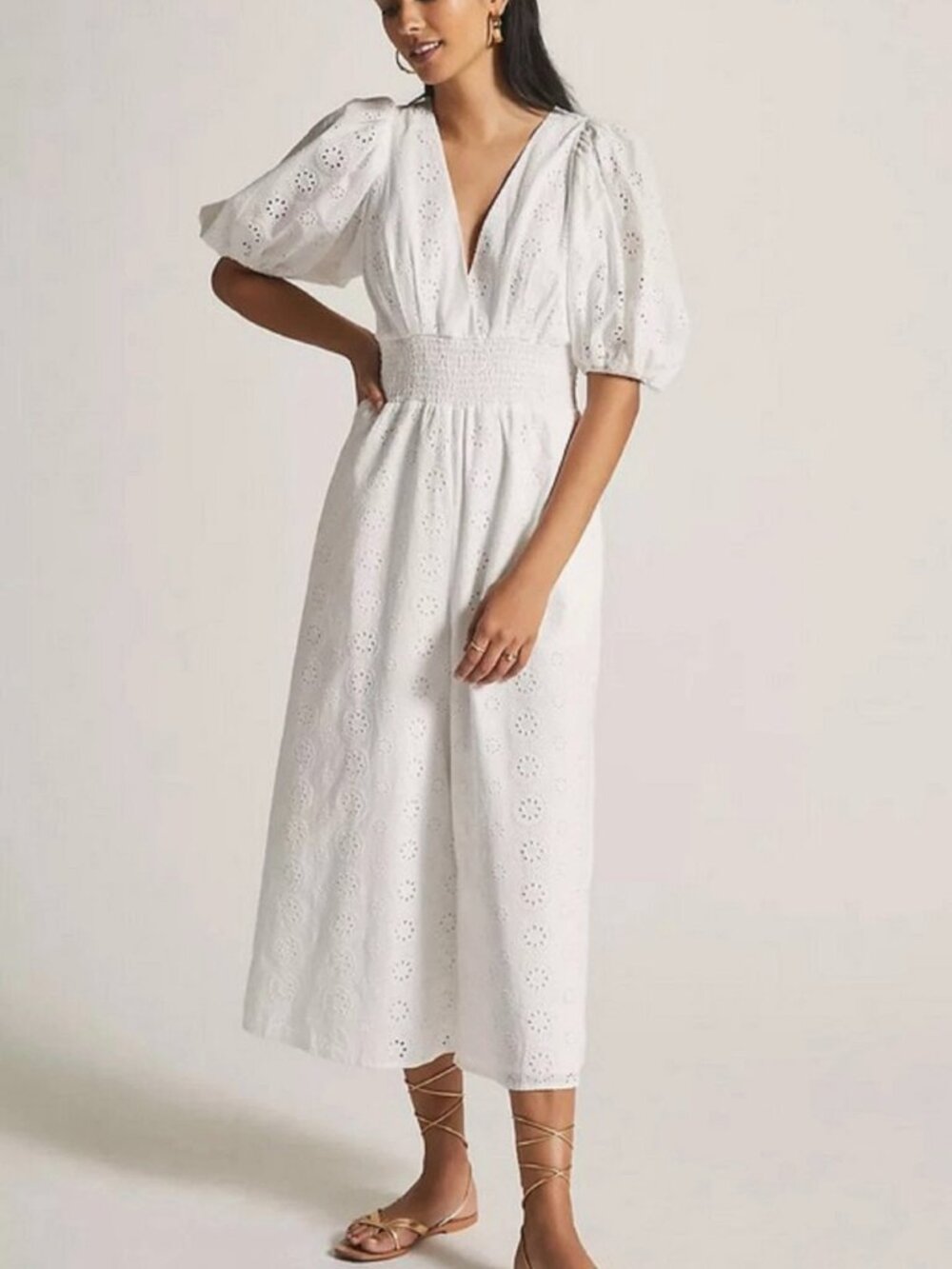 Anthropologie Hutch White Eyelet Smocked Waist Jumpsuit Size Small K14